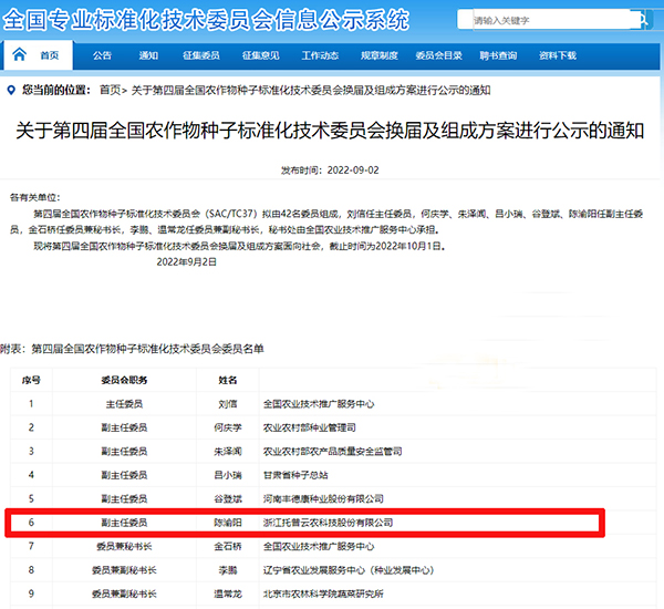 董事長陳渝陽入選全國農作物91麻豆精品国产91久久久更新时间標準化技術委員會副主任委員